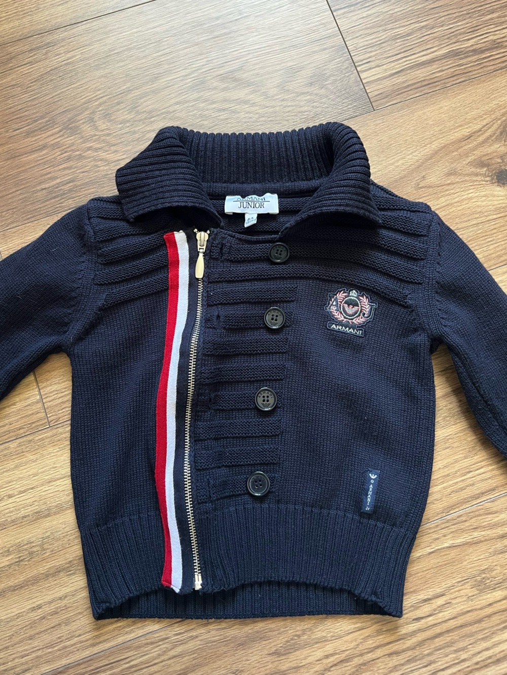 Armani Junior Boys Knit Cardigan Sweater Navy Blue Full Zip Button Front 4A 106